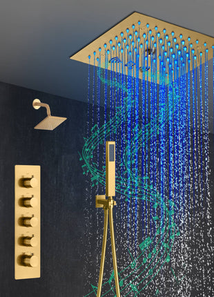 Flush mounted 12 inch 64 LED colors light Brushed gold Bluetooth Music 4 Way Thermostatic Shower Faucet with Regular head and body jets