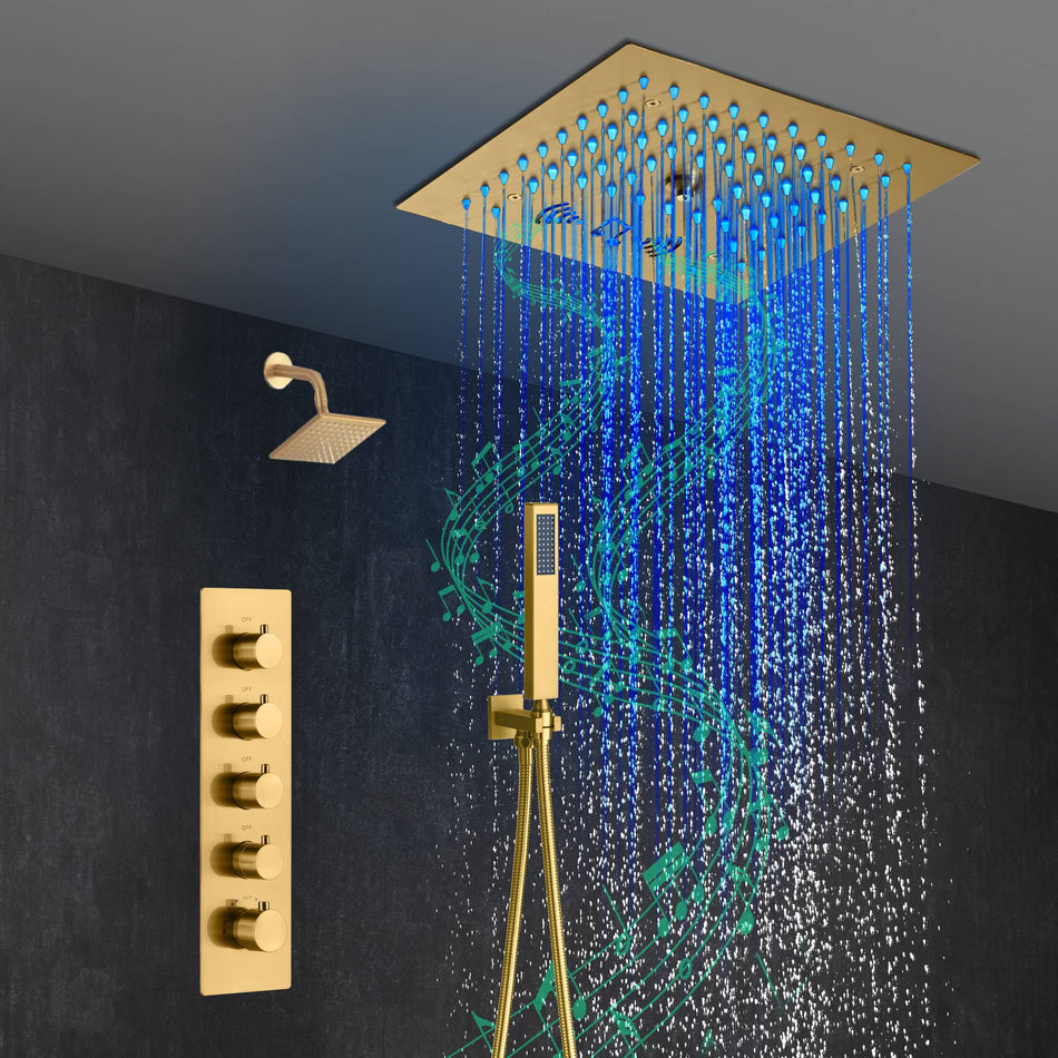 Flush mounted 12 inch 64 LED colors light Brushed gold Bluetooth Music 4 Way Thermostatic Shower Faucet with Regular head and body jets