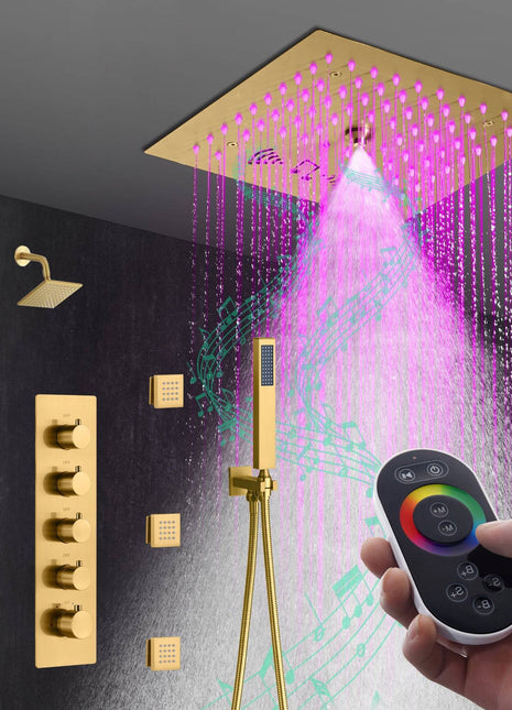Flush mounted 12 inch 64 LED colors light Brushed gold Bluetooth Music 4 Way Thermostatic Shower Faucet with Regular head and body jets