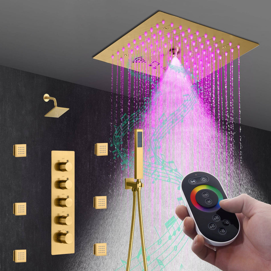 Flush mounted 12 inch 64 LED colors light Brushed gold Bluetooth Music 4 Way Thermostatic Shower Faucet with Regular head and body jets