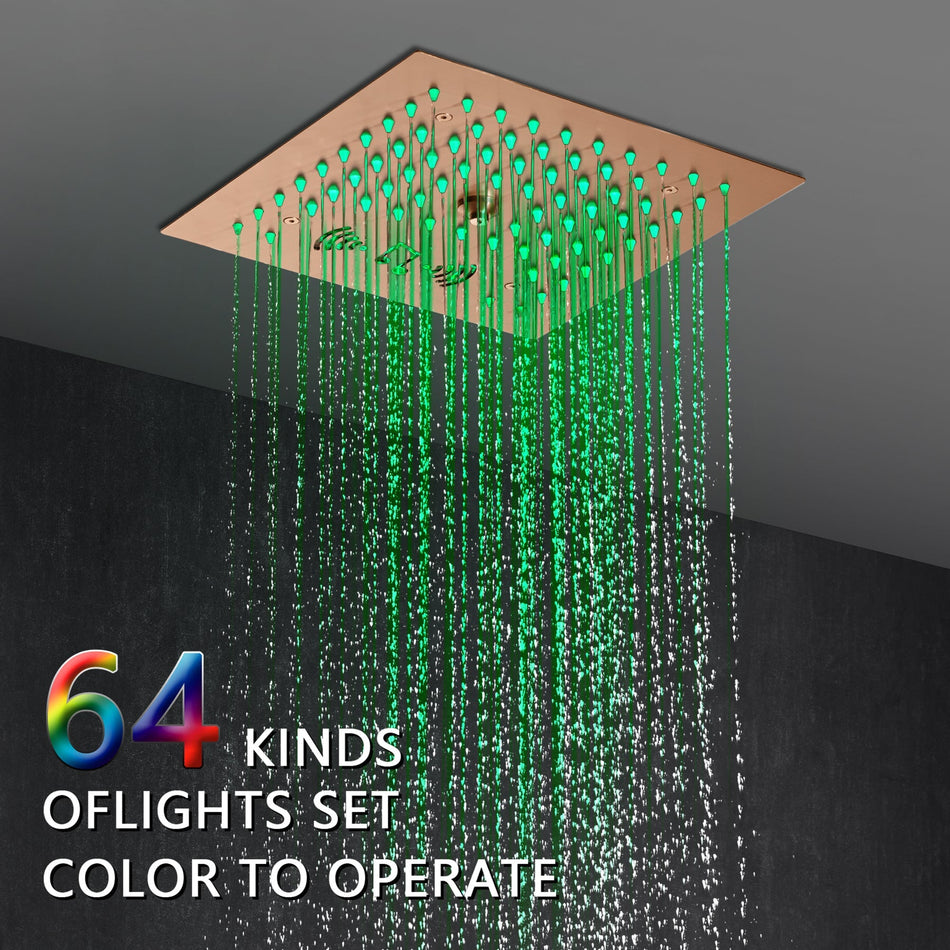 Flushed mount 12 inch 64 LED colors light Rose Gold Bluetooth Music 4 Way Thermostatic Shower Faucet with Regular head