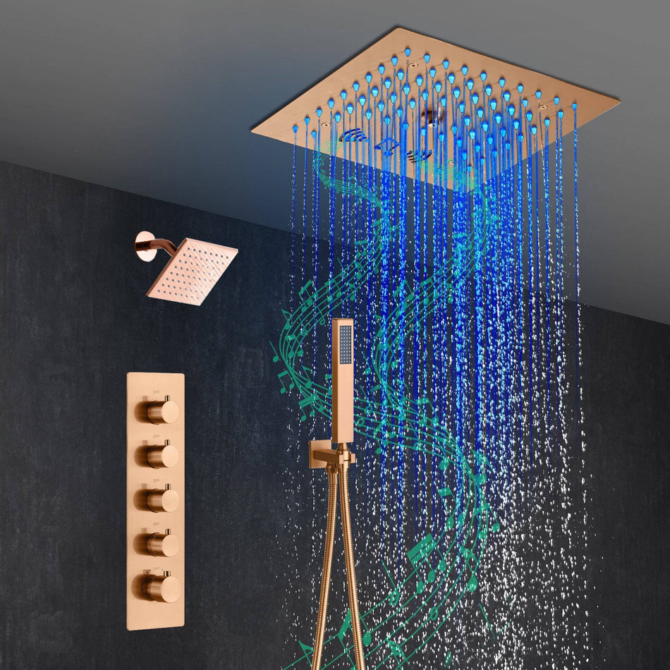 Flushed mount 12 inch 64 LED colors light Rose Gold Bluetooth Music 4 Way Thermostatic Shower Faucet with Regular head