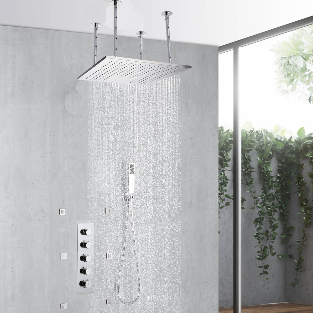 
                  
                    20inch chrome ceiling mount rainfall waterfall shower systems 4 way thermostatic valve with 6 body jets
                  
                