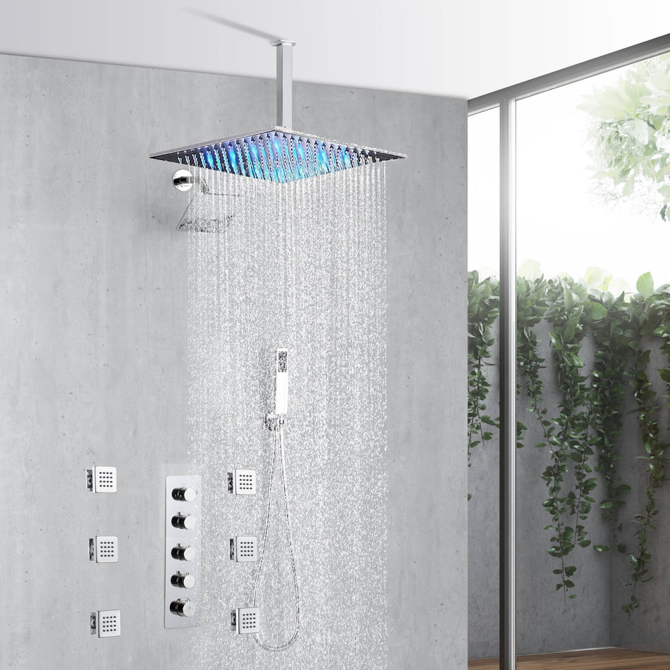 Chrome Ceiling 12 Inch or 16 inch Rainfall Shower Head Wall Mount 6 Inch Regular High Water Pressure Shower Head 4 Way Thermostatic Shower Faucet Each Function Work All Together And Separately