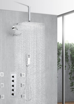Chrome Ceiling 12 Inch or 16 inch Rainfall Shower Head Wall Mount 6 Inch Regular High Water Pressure Shower Head 4 Way Thermostatic Shower Faucet Each Function Work All Together And Separately