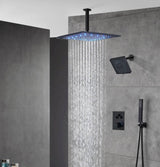 Matte Black Ceiling Mount 12 Inch or 16 inch Rainfall Shower Head Wall Mount 6 Inch Regular High Water Pressure Shower Head 3 Way Thermostatic Shower Faucet Each Function Work All Together And Separately