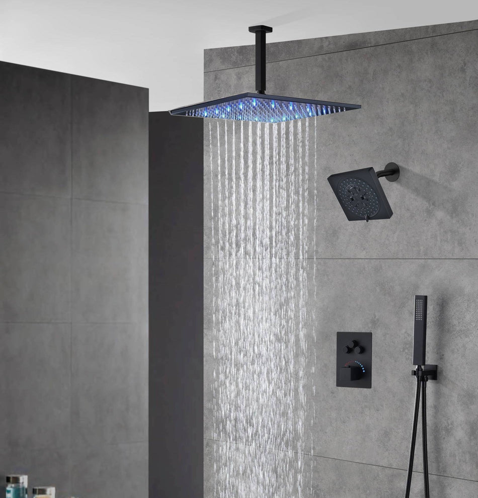 Matte Black Ceiling Mount 12 Inch or 16 inch Rainfall Shower Head Wall ...