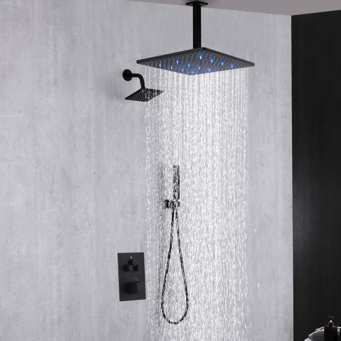 
                  
                    Matte Black Ceiling 12 Inch or 16 inch Rainfall Shower Head Wall Mount 6 Inch Regular High Water Pressure Shower Head 3 Way Thermostatic Shower Faucet Each Function Work All Together And Separately
                  
                