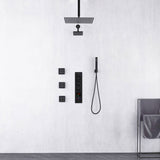 Matte Black Ceiling Mount 12 inch or 16 Inch Rainfall Shower Head Wall Mount 6 Inch High Water Pressure Regular Shower Head 4 Way Thermostatic Shower Faucet Set with Body Jets