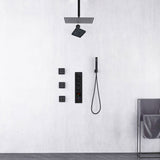 Matte Black Ceiling Mount 12 inch or 16 Inch Rainfall Shower Head Wall Mount 6 Inch High Water Pressure Regular Shower Head 4 Way Thermostatic Shower Faucet Set with Body Jets