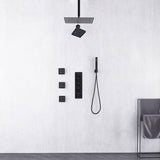 Matte Black Ceiling Mount 12 inch or 16 Inch Rainfall Shower Head Wall Mount 6 Inch High Water Pressure Regular Shower Head 4 Way Thermostatic Shower Faucet Set with Body Jets