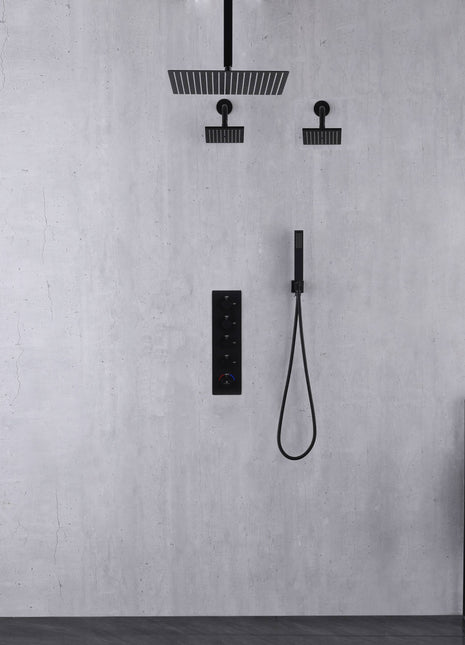 Matte Black Ceiling Mount 12 inch or 16 Inch Rainfall Shower Head Wall Mount 6 Inch High Water Pressure Regular Shower Head 4 Way Thermostatic Shower Faucet System