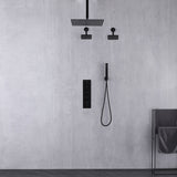 Matte Black Ceiling Mount 12 inch or 16 Inch Rainfall Shower Head Wall Mount 6 Inch High Water Pressure Regular Shower Head 4 Way Thermostatic Shower Faucet System