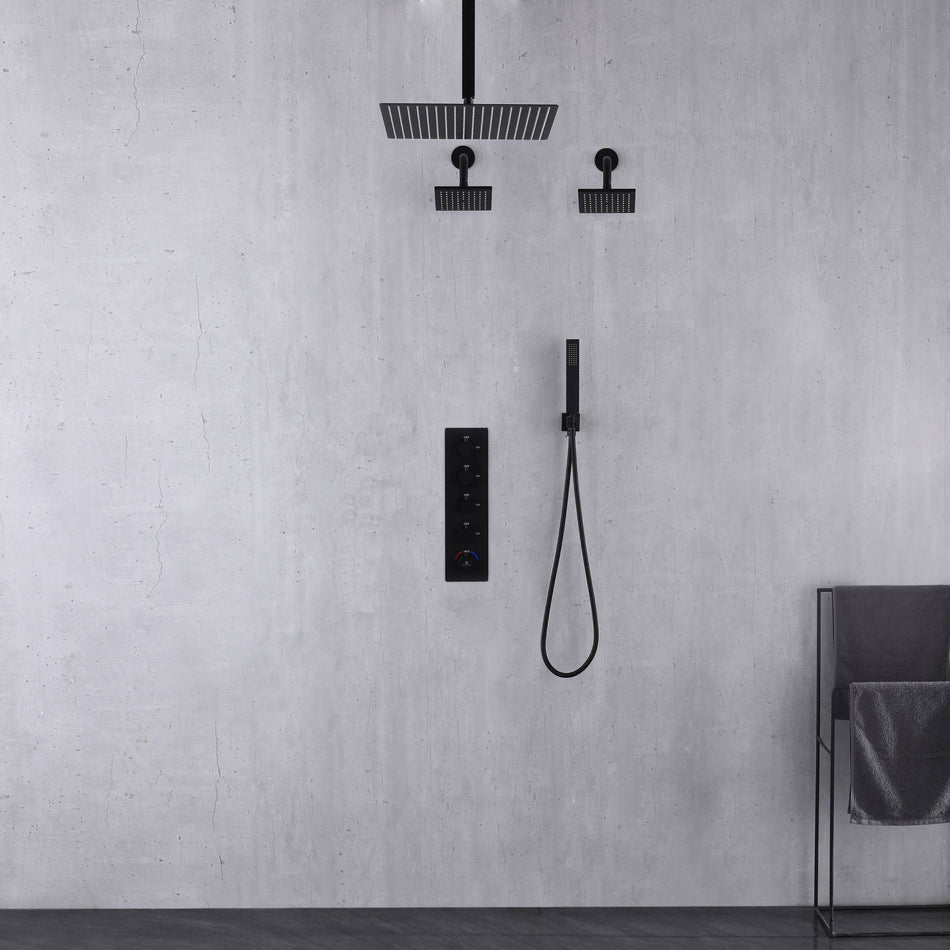 Matte Black Ceiling Mount 12 inch or 16 Inch Rainfall Shower Head Wall Mount 6 Inch High Water Pressure Regular Shower Head 4 Way Thermostatic Shower Faucet System