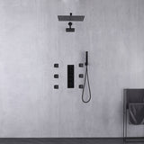 Matte Black Wall Mount 12 inch or 16 Inch Rainfall Shower Head Wall Mount 6 Inch High Water Pressure Regular Shower Head 4 Way Thermostatic Shower Faucet Set with Body Jets