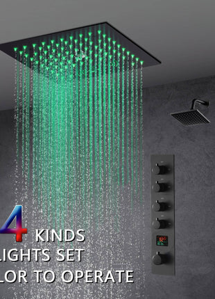 Flush mounted 12 inch 64 LED colors light Matte Black Bluetooth Music 4 Way digital display Thermostatic Shower Faucet with Regular head