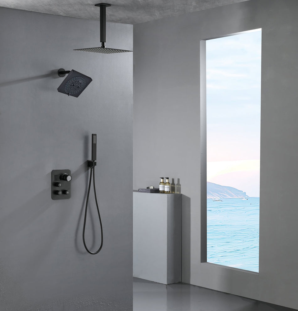 Matte Black Ceiling Mount 12 Inch or 16 inch Rainfall Shower Head Wall ...
