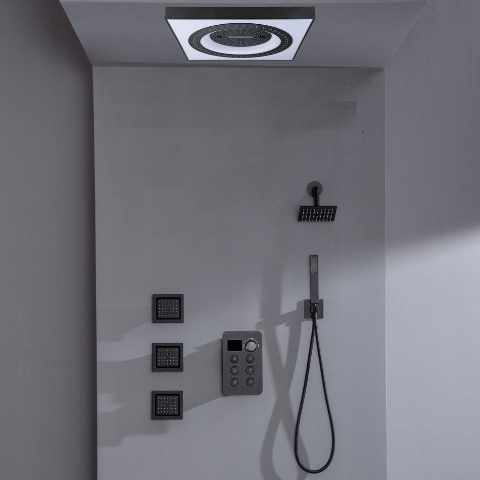 Brushed Gold or Brushed Nickel or Matte Black Flush mount 24 inch Shower Head 6 way Digital Display Shower Faucet with 6'' regular head and body jets