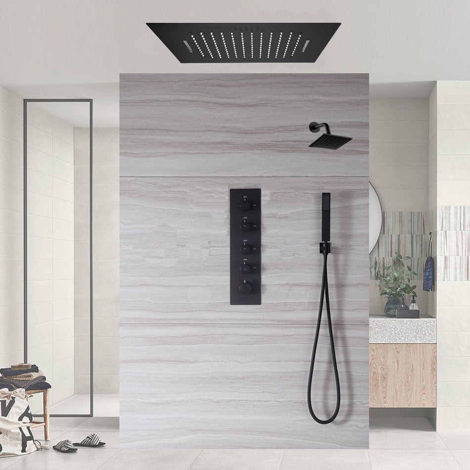 20 inch flushed mounted rainfall waterfall 64 led light bluetooth music 4 way digital display thermostatic shower system with regular head