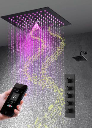 Flush mounted 12 inch 64 LED colors light Matte Black Bluetooth Music 4 Way digital display Thermostatic Shower Faucet with Regular head