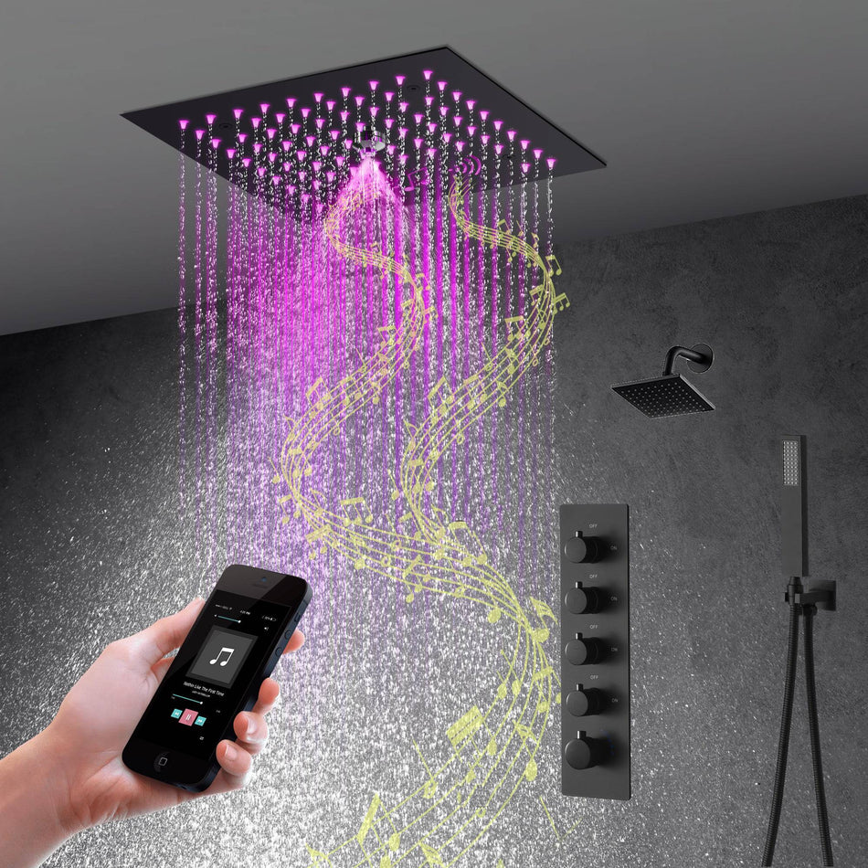 Flush mounted 12 inch 64 LED colors light Matte Black Bluetooth Music 4 Way digital display Thermostatic Shower Faucet with Regular head