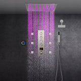 Brushed nickel  64 LED colors 20 inch flushed on rainfall shower systems 4 way digital display thermostatic valve with regular head and 6 body jets and touch panel