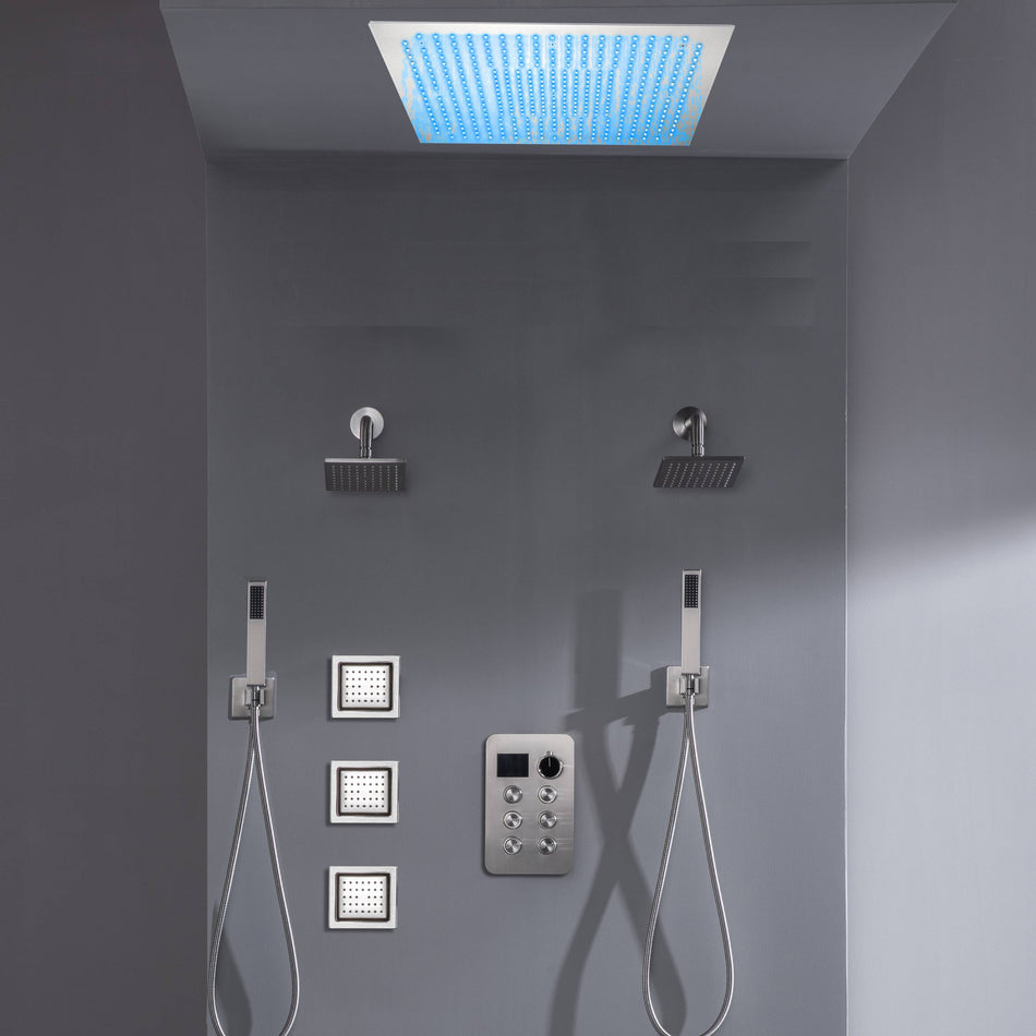 Brushed Gold or Brushed Nickel or Matte Black Flush mount 16 inch or 20 inch or 24 inch Shower Head 6 way Digital Display Shower Faucet with Dual 6'' regular head and body jets
