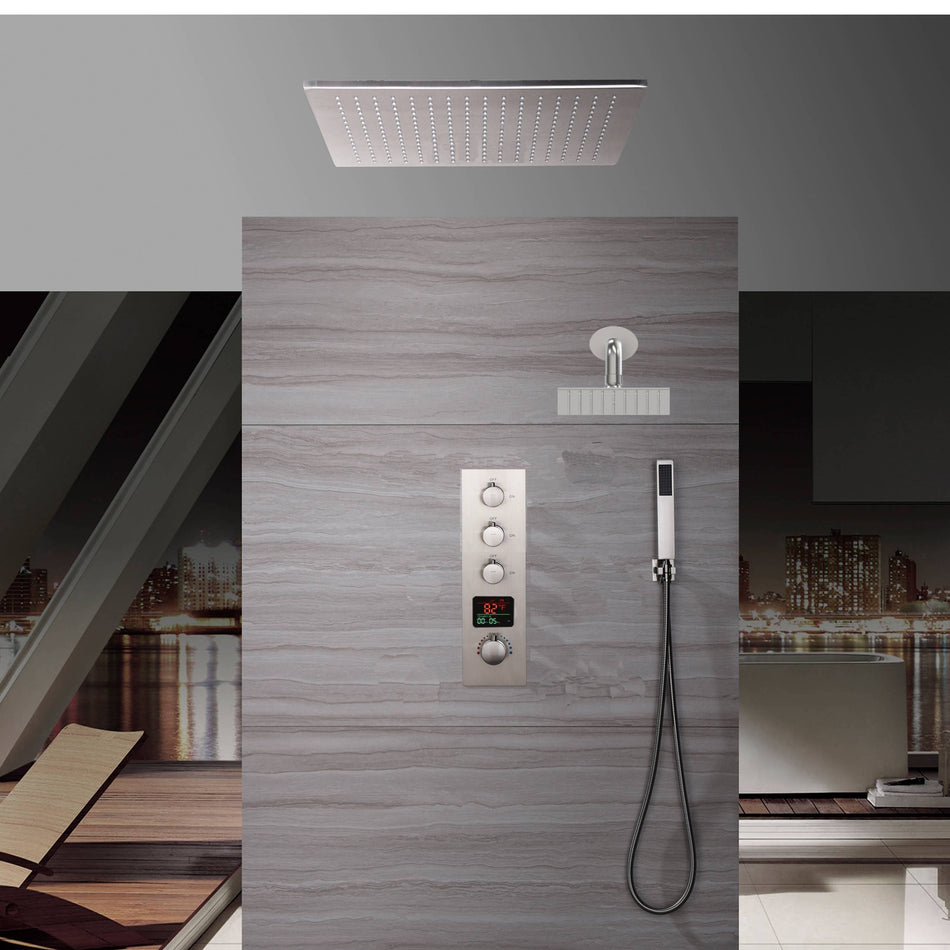 20 Inch Brushed nickel ceiling mount rainfall shower systems 3 way thermostatic valve with wall mount 6 inch regualr shower head