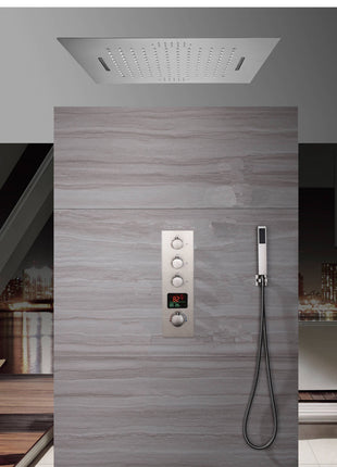 Brushed nickel 20 inch flushed mount rainfall waterfall 64 LED light bluetooth music shower digital thermostatic faucet system with handle shower