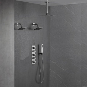 
                  
                    Brushed Nickel 4 Function Thermostatic Faucet Set with Ceiling 3 Color LED 16" Rain Shower Head, High Pressure 6", and Handheld Spray
                  
                