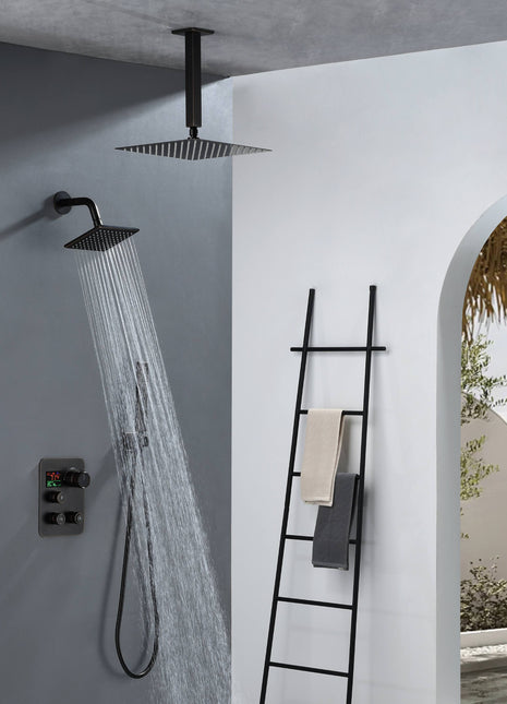 oil rubbered bronze Ceiling 12 Inch or 16 inch led Light Rainfall Shower Head Wall Mount 6 Inch Regular High Water Pressure Shower Head 3 Way Thermostatic Shower Faucet Each Function Work All together and separately