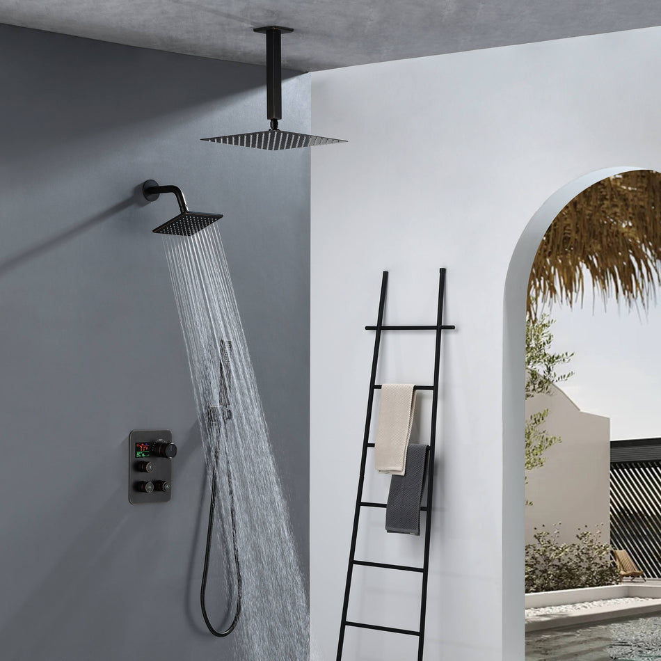 oil rubbered bronze Ceiling 12 Inch or 16 inch led Light Rainfall Shower Head Wall Mount 6 Inch Regular High Water Pressure Shower Head 3 Way Thermostatic Shower Faucet Each Function Work All together and separately