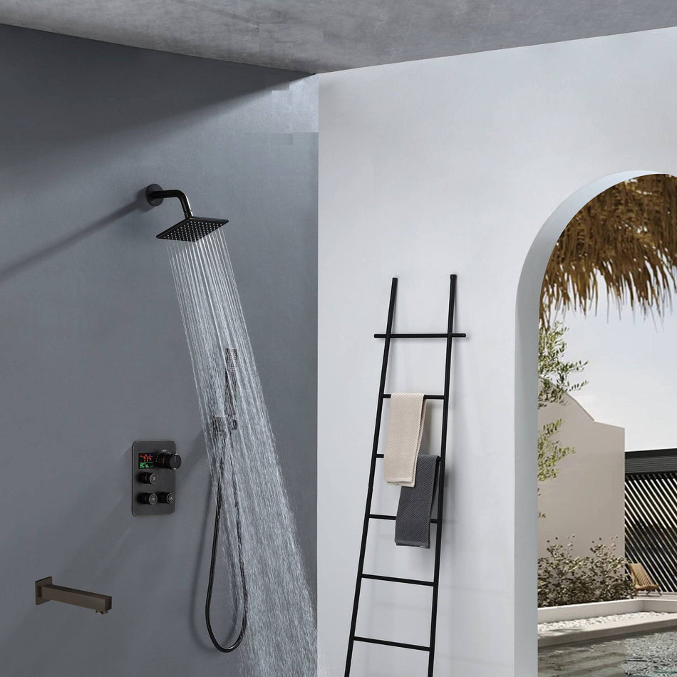 12-Inch Rainfall with our Wall-Mounted Oil Rubbed Bronze 3-Way Thermostatic Shower Faucet System: Simultaneous and Independent Functionality with Tub Spout,LED or Non-LED Options - Grolta Group USA