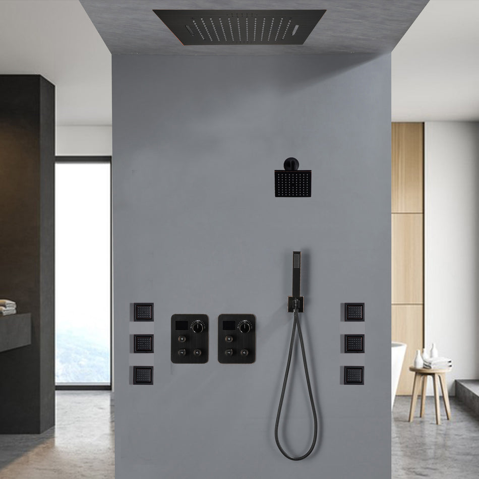 64 LED light Bluetooth Music 20-inch Rainfall Waterfall Flush Mounted Oil Rubbed Bronze 6-Way Thermostatic Shower Faucet System With Regular Heads And Handle Wand,Body Jets - Grolta Group USA