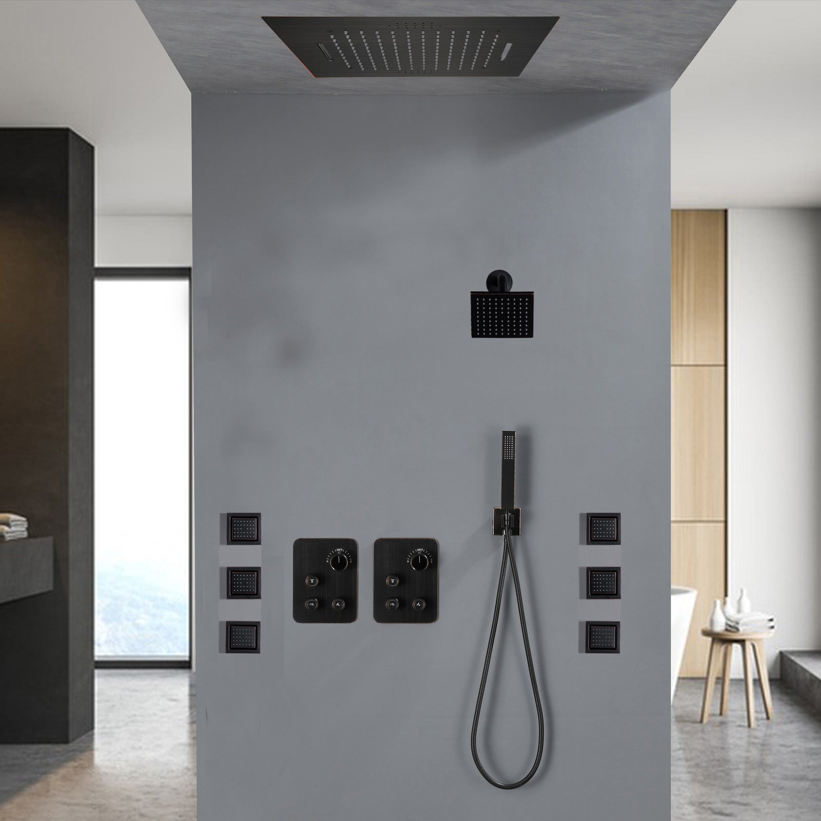 64 LED light Bluetooth Music 20-inch Rainfall Waterfall Flush Mounted Oil Rubbed Bronze 6-Way Thermostatic Shower Faucet System With Regular Heads And Handle Wand,Body Jets - Grolta Group USA