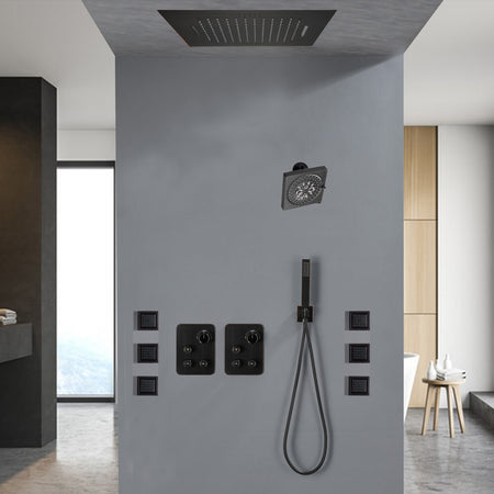 64 LED light Bluetooth Music 20-inch Rainfall Waterfall Flush Mounted Oil Rubbed Bronze 6-Way Thermostatic Shower Faucet System With Regular Heads And Handle Wand,Body Jets - Grolta Group USA