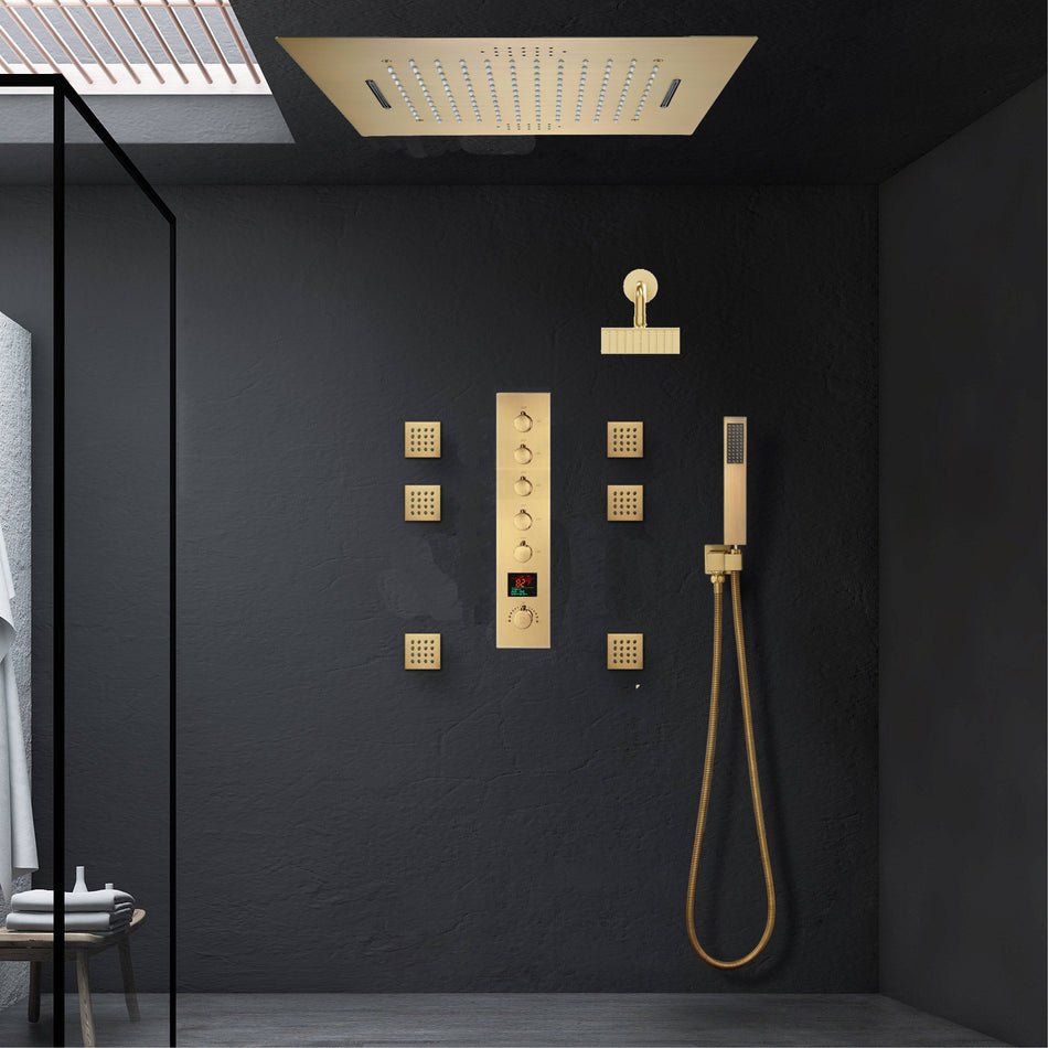 Brushed Gold Music LED Flushed in 23 X 15 inch or 20 x 20 inch shower head 5 way thermostatic shower system with regular head and body sprayers