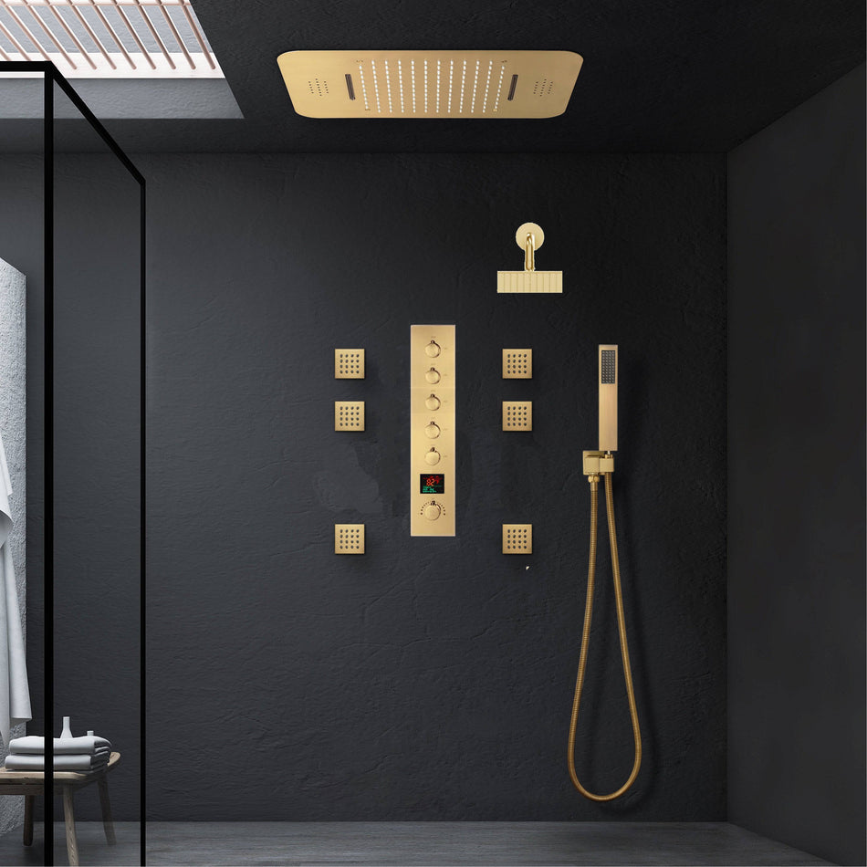 Brushed Gold Music LED Flushed in 23 X 15 inch or 20 x 20 inch shower head 5 way thermostatic shower system with regular head and body sprayers