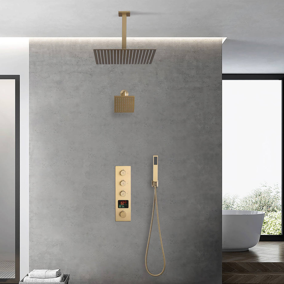 Brushed Gold rainfall shower head high pressure shower head 3 way thermostatic valve shower heads systems each function work at the same time and separately
