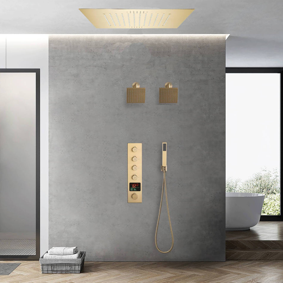 Brushed gold flush mounted 20 inch rainfall 64 LED light Bluetooth Music shower head 4 way digital display shower faucet with Dual regular head