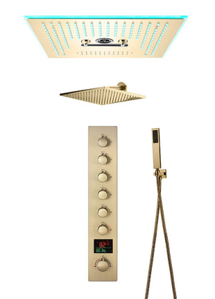 Brushed gold Gold Flush mounted 16 Inch 64 colors LED Bluetooth Music Rainfall Waterfall Mist rotating hydro jet Shower Head 6 Way Thermostatic Shower Faucet Set with regular head