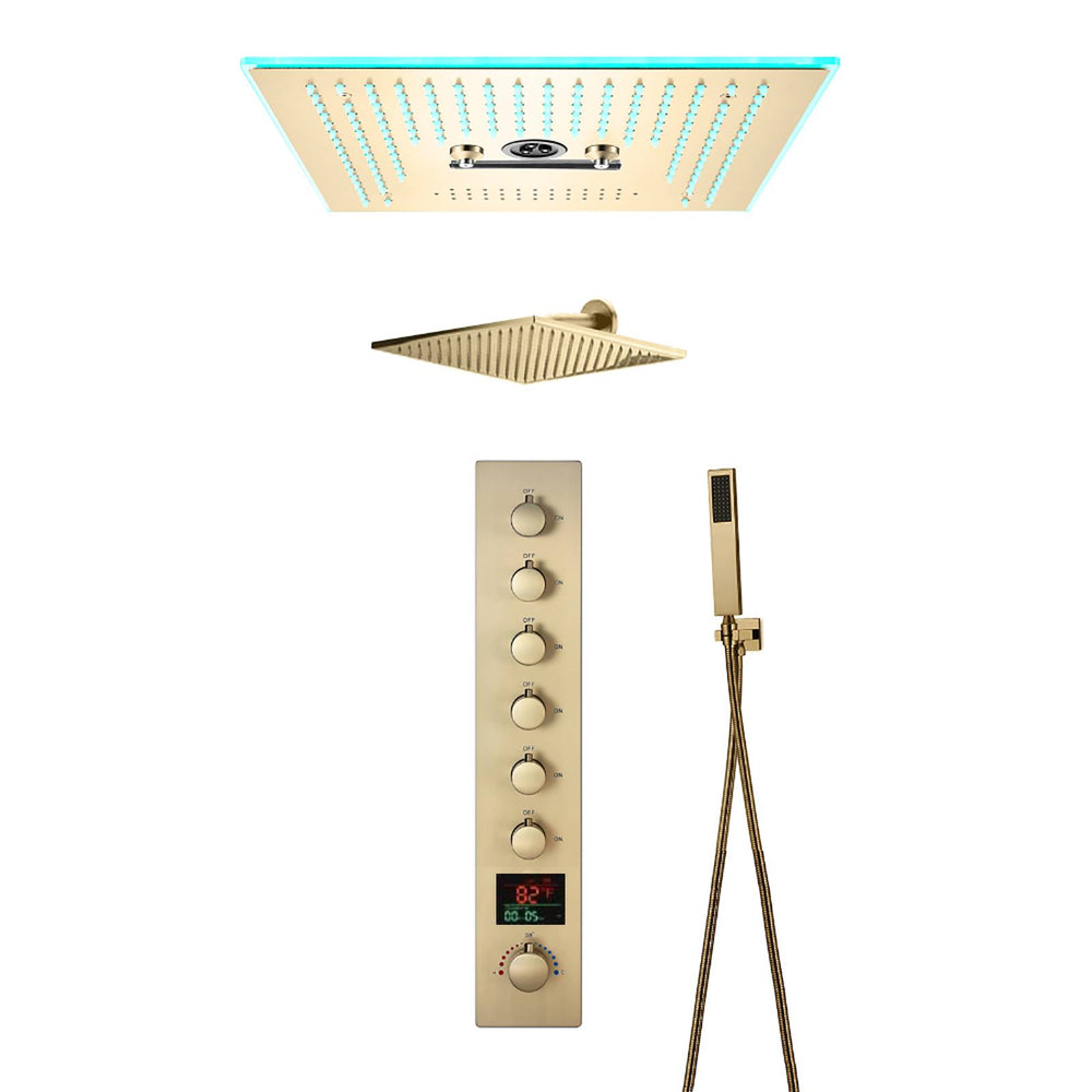 
                  
                    Brushed gold Gold Flush mounted 16 Inch 64 colors LED Bluetooth Music Rainfall Waterfall Mist rotating hydro jet Shower Head 6 Way Thermostatic Shower Faucet Set with regular head
                  
                