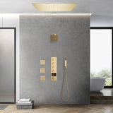 Brushed gold flush mounted 20 inch rainfall 64 LED light Bluetooth Music shower head 4 way digital display shower faucet with body jets and regular head