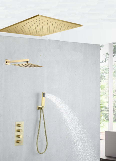 20 inch ceiling mount Brushed gold 3 way thermostatic shower faucet with wall mount 12'' rain head and handle sprayer (Copy)