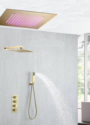 20 inch ceiling mount Brushed gold 3 way thermostatic shower faucet with wall mount 12'' rain head and handle sprayer (Copy)