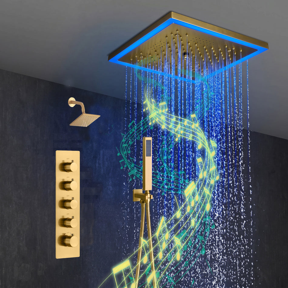 Flush mounted 12 inch 64 LED colors light Brushed gold Bluetooth Music 4 Way Thermostatic Shower Faucet with Regular head