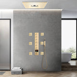 Brushed gold flushed on 16 inch rainfall waterfall mist hydro-water massage 64 LED light Bluetooth Music shower head 6 way digital display shower faucet with 6 body jets