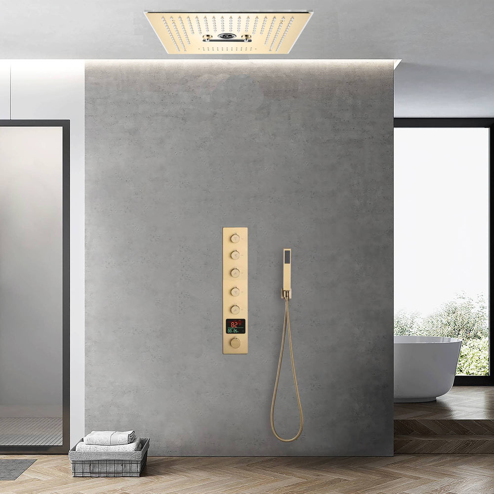 Brushed gold flushed on 16 inch rainfall waterfall mist hydro-water massage 64 LED light Bluetooth Music shower head 5 way digital display shower faucet