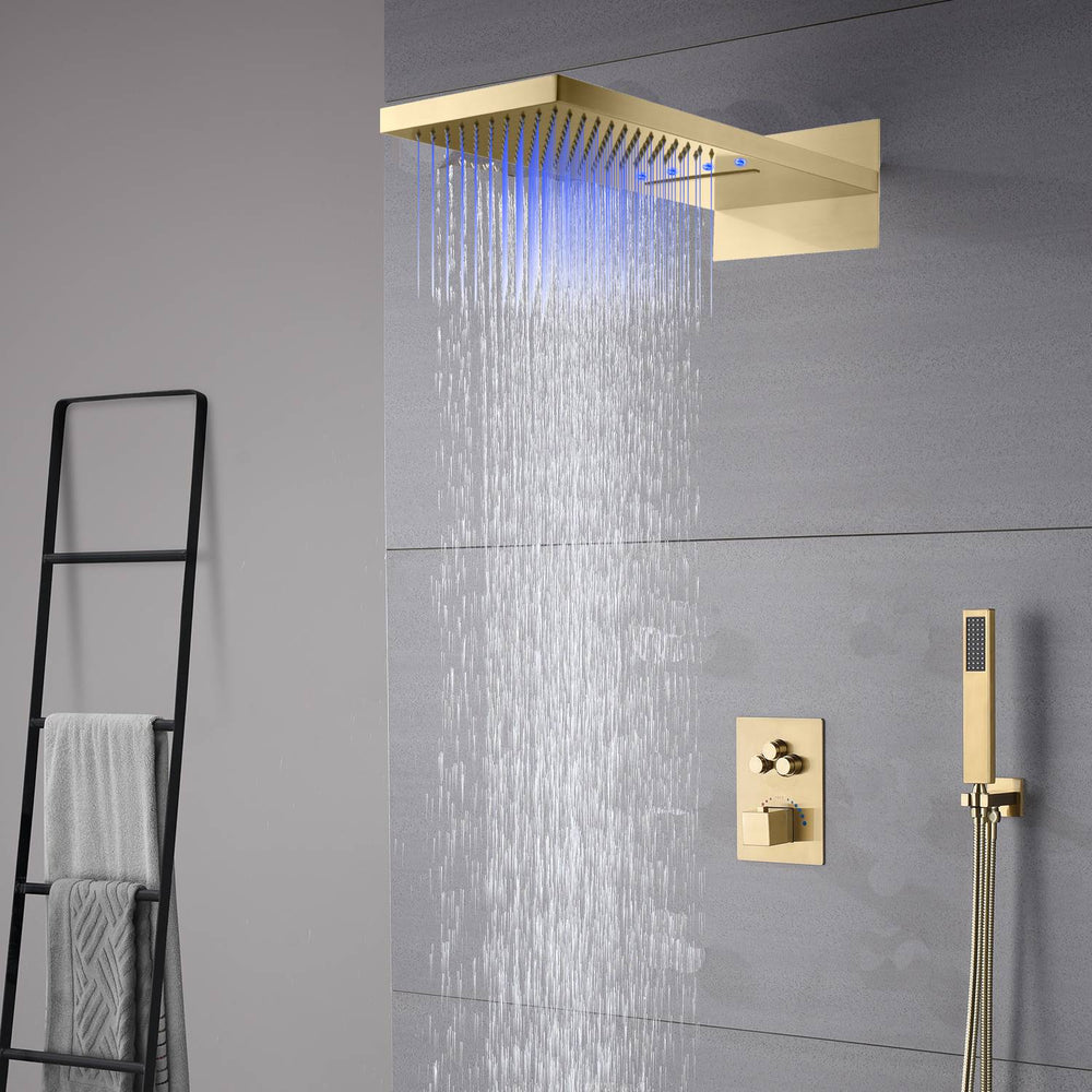 22-Inch Brushed Gold 3 Way Thermostatic Shower Faucet System with Rainfall and Waterfall