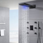 22-Inch Matte Black 4-Way Thermostatic Shower System with Rainfall, Waterfall, and 6 Body Jets